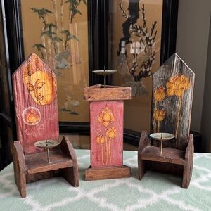 Vintage Rustic Wooden Candle Holders with Buddha and Lotus Design